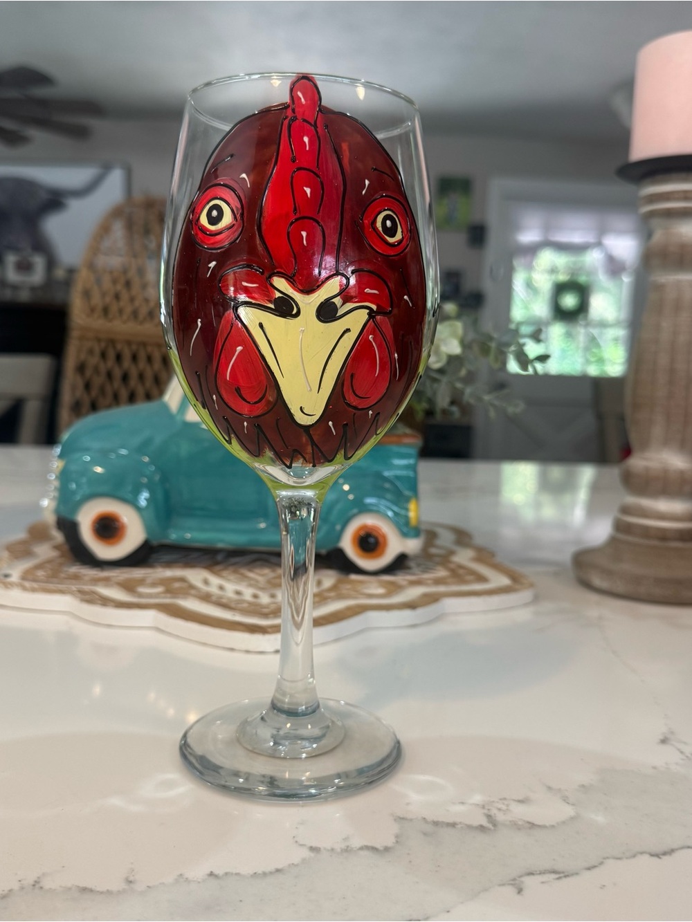 Hand-Painted Rooster Wine Glass